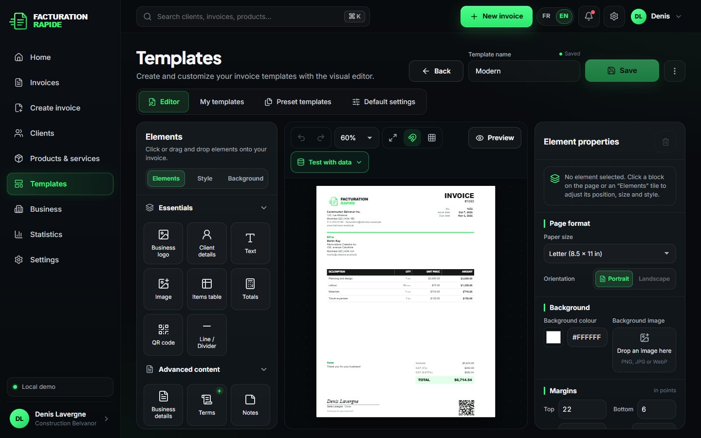 Invoice Studio: elements panel on the left, blank sheet in the centre, properties on the right